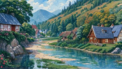 Obraz premium Landscape, oil painting on canvas, farmhouse painting, Log house. Cabin for camping. Holidays in the mountains with clouds. Beautiful forest nature. Country landscape. old rural house, Impasto artwork