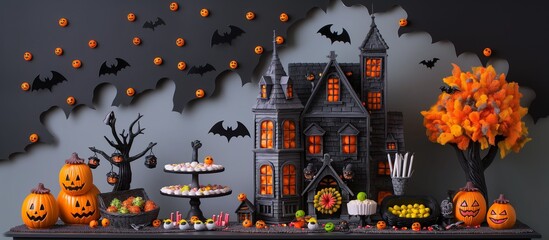 Spooky Halloween Display with Haunted House and Pumpkin Decorations