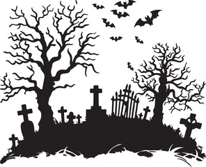 Fototapeta premium Halloween Graveyard Silhouette Vector Illustration White Background