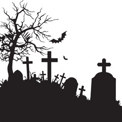 Halloween Graveyard Silhouette Vector Illustration White Background