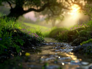 Fototapeta premium In the soft morning glow, a serene lake is encircled by lush greenery, wildflowers, and distant snow-capped mountains, evoking a sense of peace.