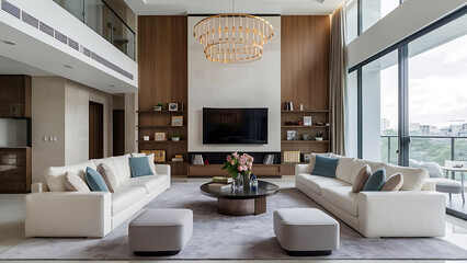 White sofa and tv unit in spacious room. Luxury home interior design of modern living room