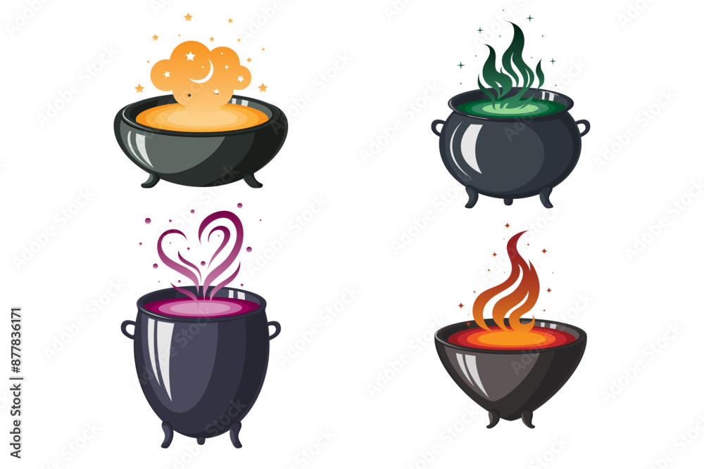 Wall mural Set of witches cauldrons with boiling magic potions, poison and love elixir isolated on a white background. Black cast-iron cooking pot, camping boiler, iron witches cauldron with handle