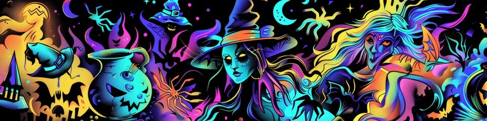 Naklejka premium Modern Halloween Collage Art Featuring Witch, Spider, and Cauldron in Neon Colors, Abstract Festive Background or Wallpaper, High-Definition AI-Generated Art