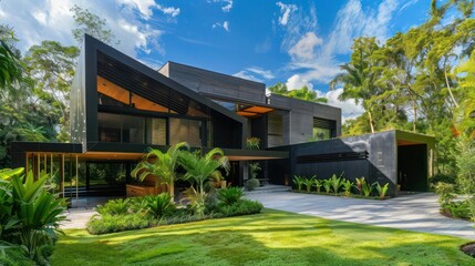 Contemporary ranch with a striking black facade and asymmetrical design, standing out in a lush, green setting