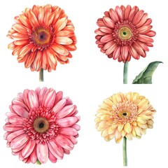 Set of Gerbera Jamesonii Flower Watercolor Illustration on White Background