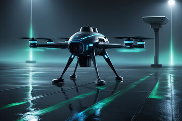 Futuristic AI security drone patrolling at night, glowing circuits and sensors, evoking surveillance-state anxiety in dark hues.