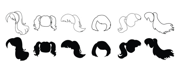 Woman hair-style collection silhouette. Girl hair outline vector.