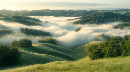 Obraz premium Golden Sunrise: Misty Hills Serenity
