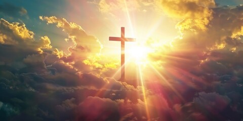 Fototapeta premium Abstract ethereal light of faith: Christian cross illuminated by the holy sun, symbol of hope and spiritual connection