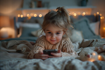 Adorable Toddler Playing on Bed with Smartphone in Cozy Bedroom
