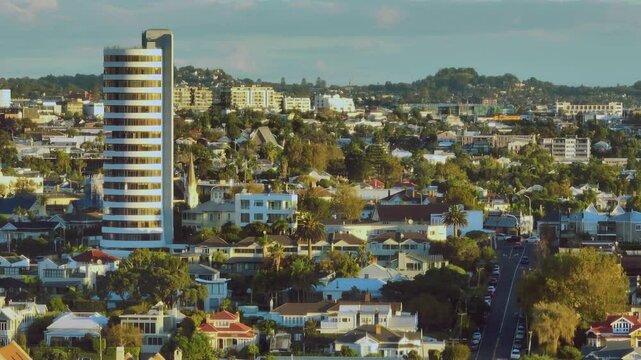 Aerial: Apartment tower and buburb of Herne Bay, Auckland, New Zealand.