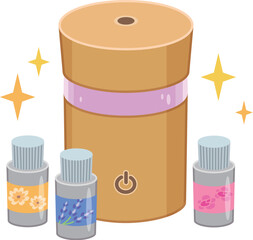 アロマディフューザーとアロマオイルのイラスト素材（木製・ウッド調・ピンク・パープル）