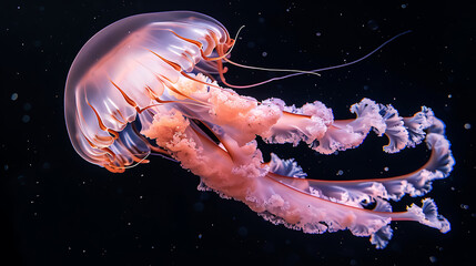 Fototapeta premium Pale pink jellyfish in black water. Generative AI illustration 