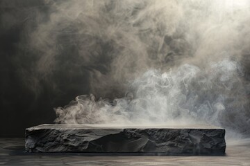 Dark stone podium with smoke for product display , product showcase