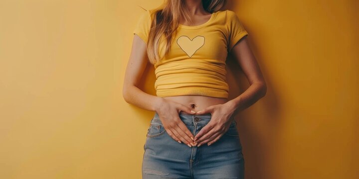 Tender Embrace: A Slender Woman Nurturing Life with a Hand-Shaped Heart Caressing Her Pregnant Belly.