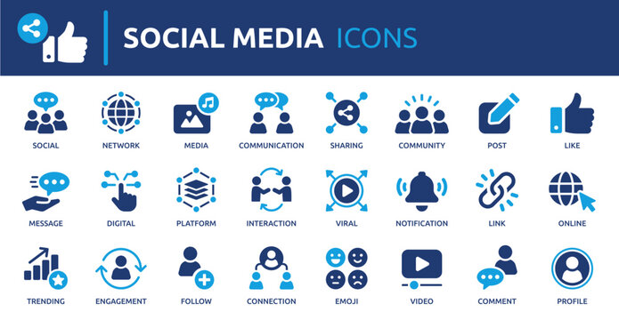 Social media icon set. Containing like, message, profile, social network, video, comment, sharing, media and more. Solid vector icons collection.