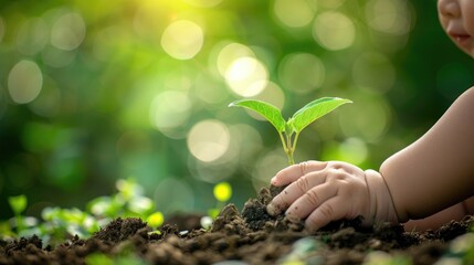 A detailed image of a child's hand planting a sapling, with a green bokeh background emphasizing the importance of teaching ecological values from a young age