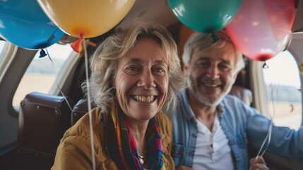 Close-up of a middle-aged woman and man holding balloons inside an airplane, their smiles radiant with happiness, captured from a dynamic angle to convey their excitement