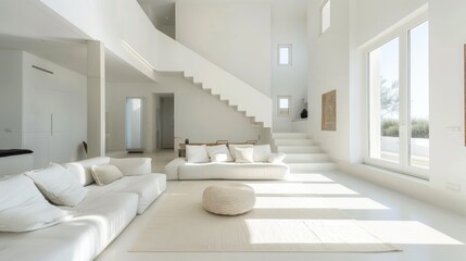 A bright and spacious living area in a modern white house, featuring minimalistic furnishings and architectural details that emphasize simplicity and functionality