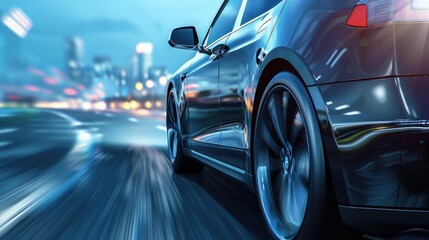 Close-up of an electric vehicle in motion, with a blurred cityscape background highlighting its speed and contribution to reducing carbon footprint