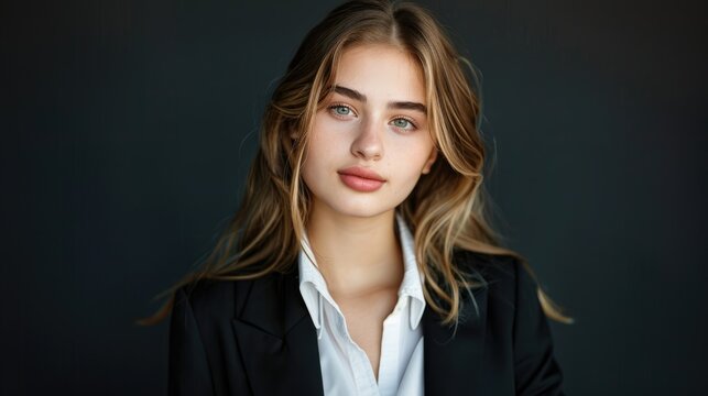 A captivating portrait of a young female presenter against a solid backdrop, showcasing her professionalism and engaging personality