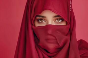 Naklejka premium Mysterious Gaze Through a Crimson Veil