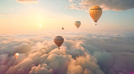 A rainbow coloured hot air balloon rises in a clear cloudy sky travel blue white cloudy - Powered by Adobe
