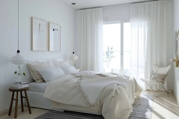 Modern white bedroom with minimal decor, cozy elements, and bright ambiance