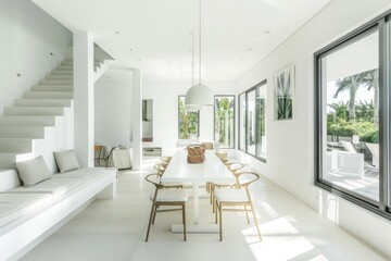 Modern white dining space with cozy seating, minimal decor, and natural light