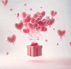 Romantic floating gift box with heart-shaped balloons, pastel colors, and soft lighting, creating a dreamy, magical atmosphere for celebrations and special occasions. 