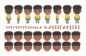Mascot creation kit of little boy for different poses . Vector constructor with various views, emotions, poses and gestures. Schoolgirl character creation set.