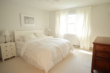 Cozy white bedroom with minimal furnishings and a peaceful feel
