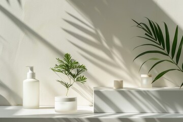 Fototapeta premium Minimal product display with a focus on leaf shadows and simplicity