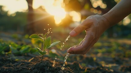 Fototapeta premium close up hand holding water and watering young tree to growing up in park in sunset