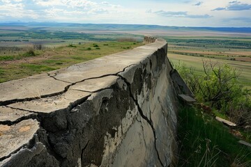 A cracked concrete retaining wall overlooking a vast expanse of wilderness, standing the test of time, Generative AI