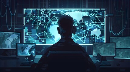 Cybersecurity Expert Tracing Malware in Futuristic Digital Interface