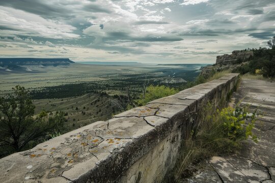 A cracked concrete retaining wall overlooking a vast expanse of wilderness, standing the test of time, Generative AI - Powered by Adobe