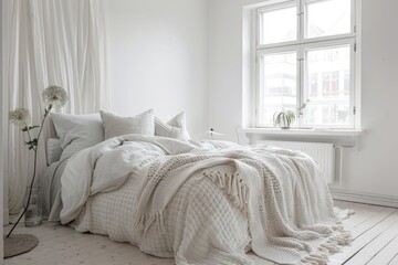 Minimalist bedroom in white with cozy blankets and soft decor