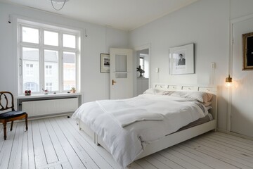 Bright and cozy white bedroom with minimalistic furniture