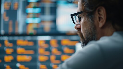 Focused Programmer Analyzing Code. Programmer with glasses intensely analyzing code on multiple screens filled with data and code snippets.