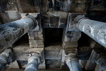 Cracked concrete columns supporting the roof of an ancient temple, bearing witness to centuries of worship, Generative AI