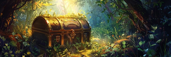 Obraz premium Abstract Mysterious Forest Treasure: Illustration of a magical treasure chest deep in the forest, whimsical artwork for fantasy art lovers.