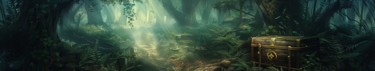 Fototapeta premium Abstract Mysterious Forest Treasure: Illustration of a magical treasure chest deep in the forest, whimsical artwork for fantasy art lovers.