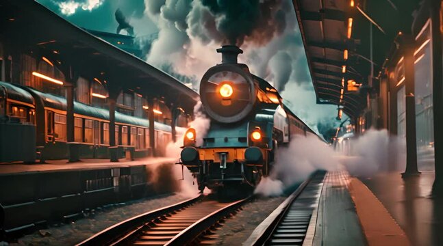 Train at a train station with the smoke coming out of the top footage