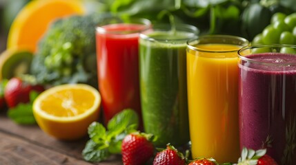 Freshly Blended Vegetable and Fruit Smoothies with Vibrant Colors and Healthy Produce