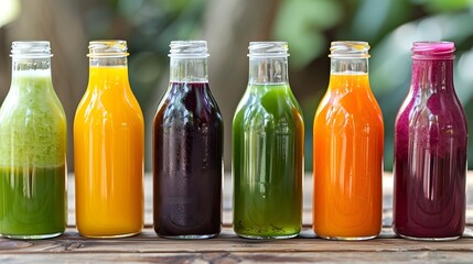 Freshly Pressed Vegetable Extract Juices in Transparent Glass Bottles on Green Backdrop