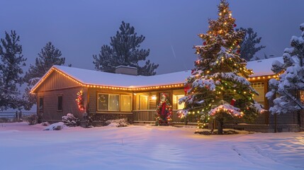 Snowy ranch house with Christmas lights strung along the roofline and a decorated pine tree in the front yard
