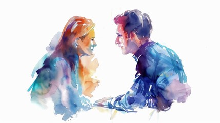 Manager showing care during oneonone meeting, empathetic interaction, watercolor, gentle colors, isolated on white background