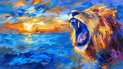 Horizontal oil painting of a Lion roaring